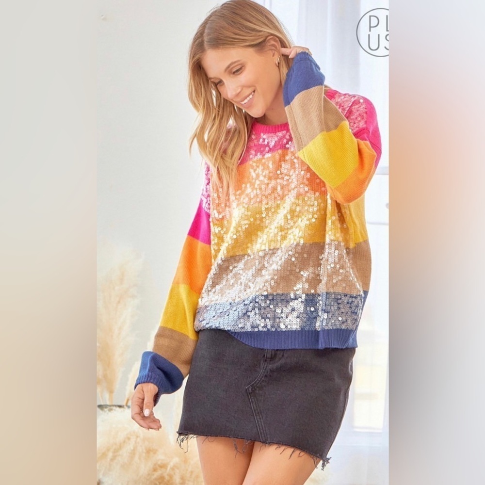 Andree By Unit Sweater Women’s Large Colorful Sequin Crewneck Striped